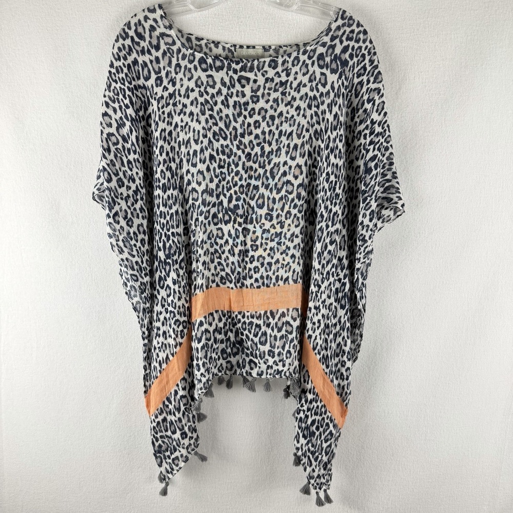 Demdaco Leopard Print Linen Blend Poncho Tassels Boho Artsy Lagenlook Sz OS